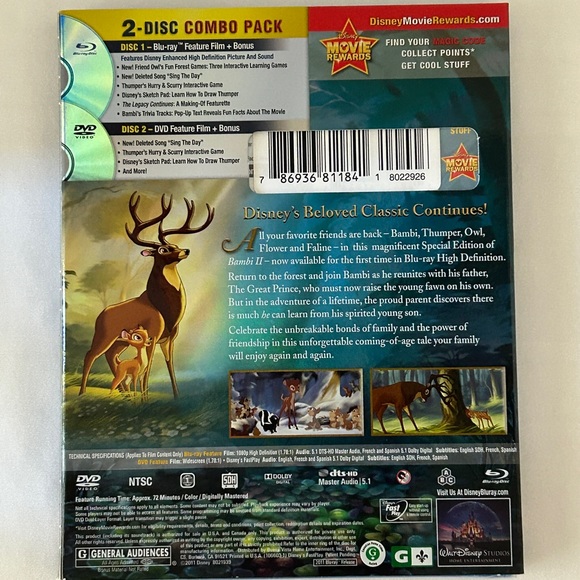 Disney Bambi II Blu-Ray / DVD Special Edition With Slipcover 2011 NOS Sealed - Picture 3 of 7